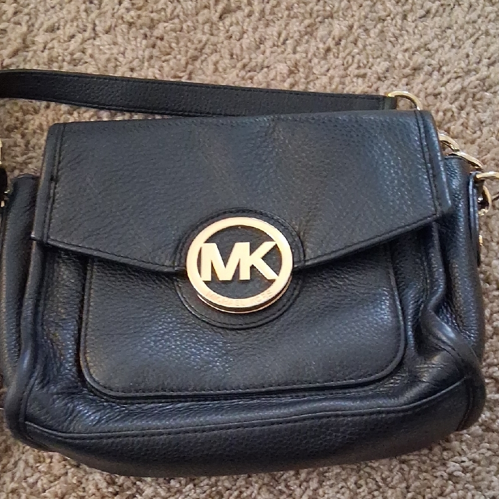 Michael Kors Black Pebbled Leather Crossbody with Gold MK Medallion